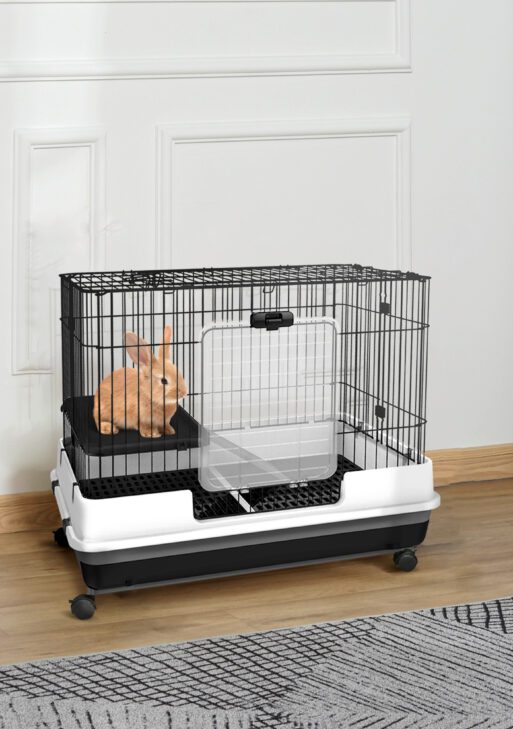 2-Level Small Animal Cage Rabbit Hutch with Wheels, Removable Tray, Platform and Ramp for Bunny, Chinchillas, Ferret, Black