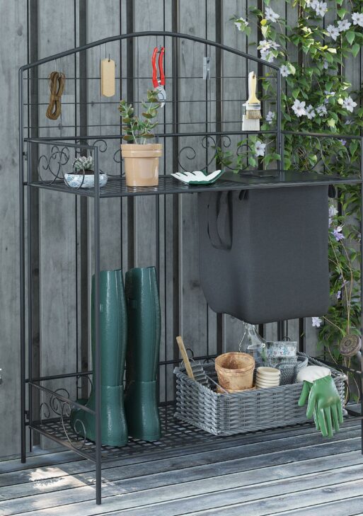 Folding Potting Bench Table, Metal Garden Workstation, Work Bench with Large Build-In Bag with Cover, 5 Hanging Hooks & Storage Shelf, Flourishes
