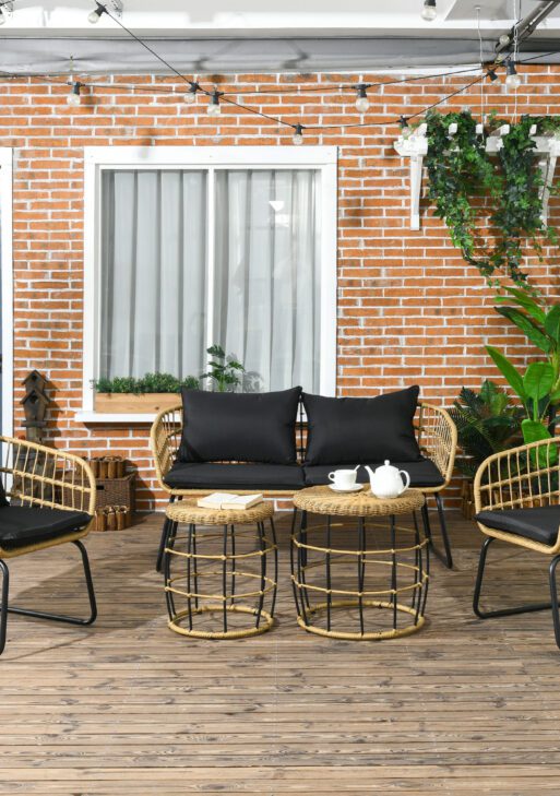 5 Piece PE Rattan Outdoor Furniture Set with Cushioned Chairs, Loveseat Sofa & Stackable Coffee Tables, Black