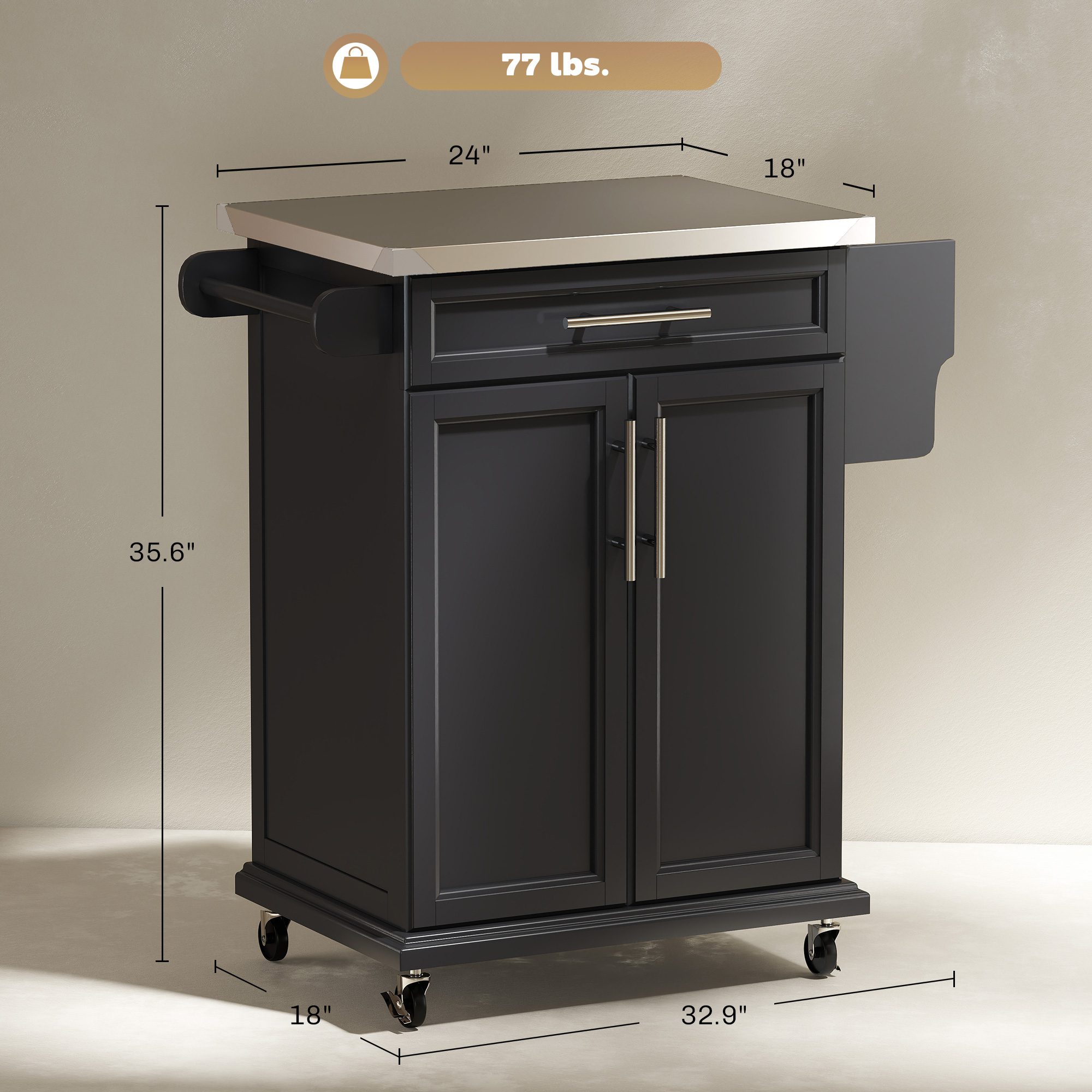 Kitchen Island on Wheels, Rolling Kitchen Cart with Stainless Steel Countertop, Drawer, Towel Rack and Spice Rack, Utility Storage Trolley, Black - Image 1