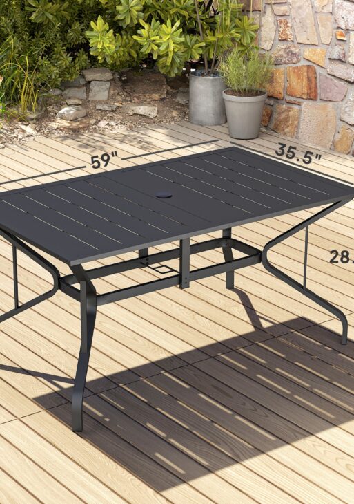 Rectangular Patio Table with Umbrella Hole, Steel Rectangle Outdoor Dining Table for 6 People for Garden, Black