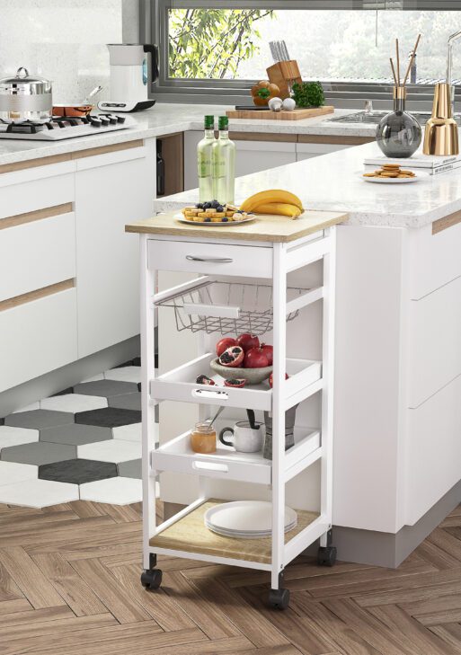Mobile Kitchen Cart, Rolling Kitchen Island with Storage, Solid Wood Frame Utility Cart with Wire Fruit Baskets, Trays and Drawer, White