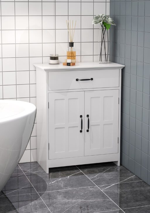 Bathroom Storage Cabinet, Modern Bathroom Cabinet with 2 Doors, Storage Drawer & Adjustable Shelf, White
