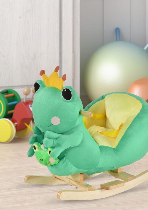 Kids Ride-On Rocking Horse Toy Frog Style Rocker with Fun Music, Seat Belt & Soft Plush Fabric Hand Puppet for Children 18-36 Months