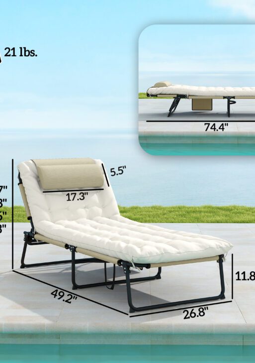 Folding Chaise Lounge Pool Chair with 4-level Reclining Back, Cushion, Side Pocket, Headrest, Beige