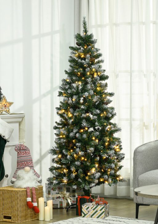 6' Decorated Christmas Trees, Skinny Prelit Artificial Christmas Tree with Snow-dipped Branches, Auto Open, Pinecones