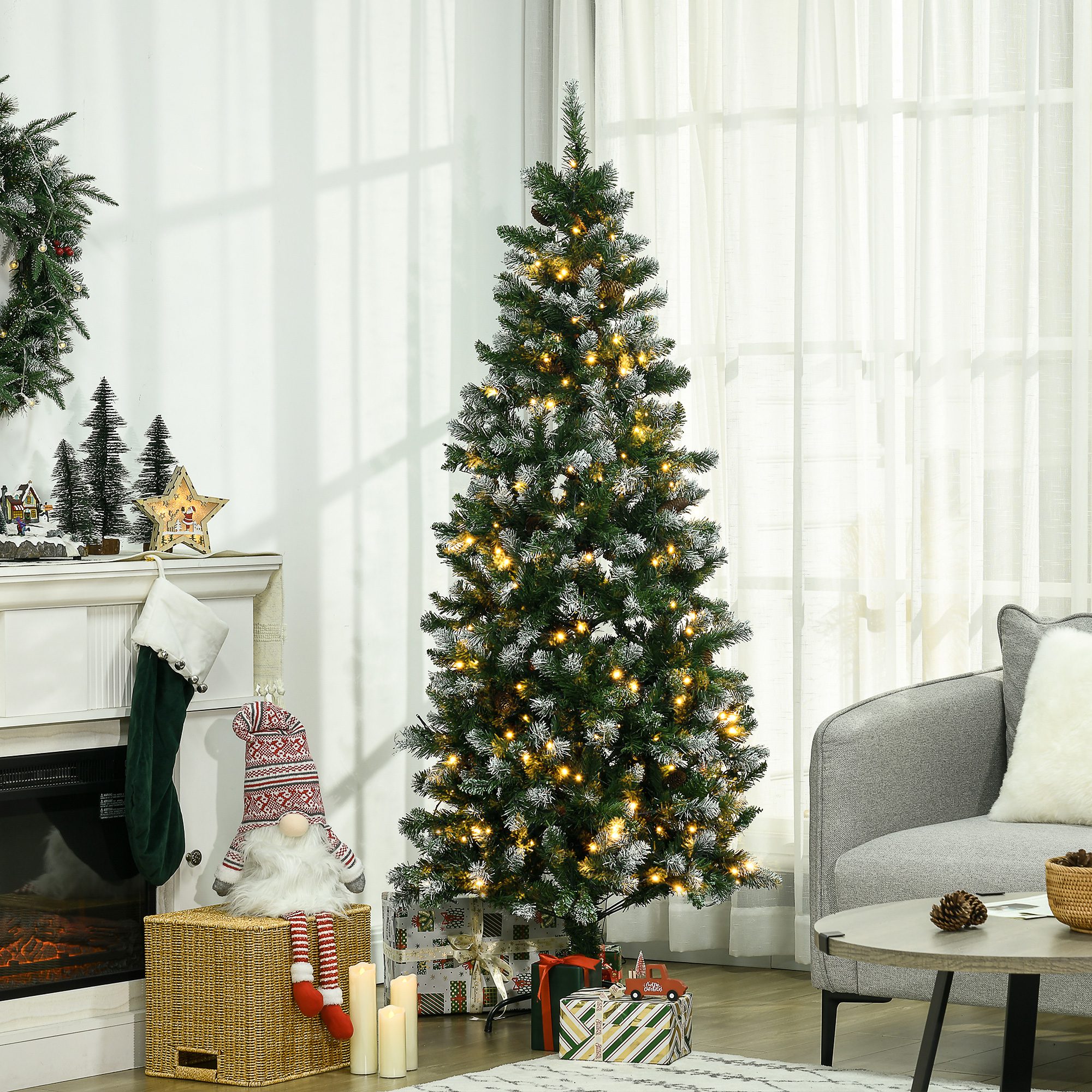 6' Decorated Christmas Trees, Skinny Prelit Artificial Christmas Tree with Snow-dipped Branches, Auto Open, Pinecones