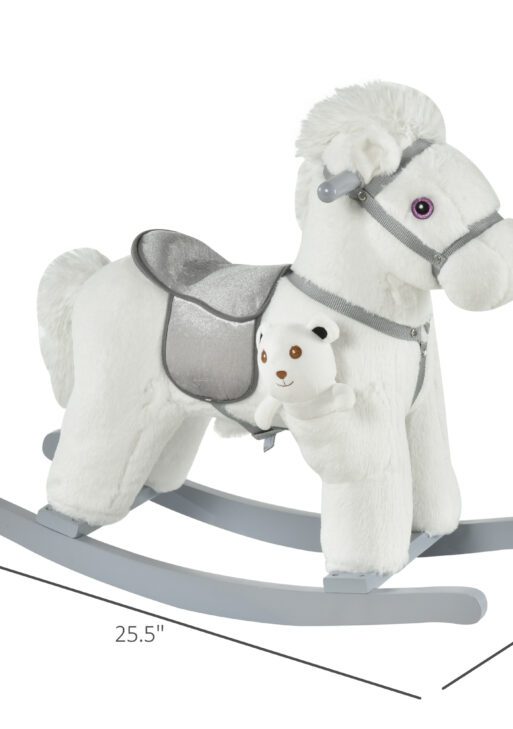 Qaba Kids Plush Ride-On Rocking Horse with Bear Toy, Children Chair with Soft Plush Toy & Fun Realistic Sounds, White