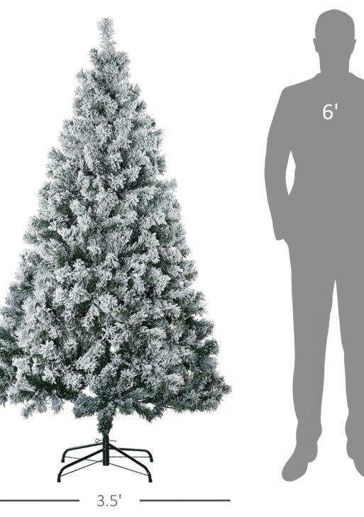 6' Artificial Snow Christmas Trees with Frosted Branches, Warm White or Colorful LED Lights, Steel Base