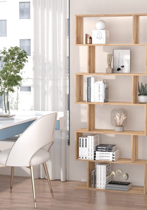 75.5" H Bookcase 6 Shelf S-Shaped Bookshelf Wooden Storage Display Stand Shelf Organizer Free Standing, Oak