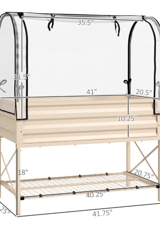 Raised Garden Bed with Legs and Cover, Metal Elevated Planter Box with Bottom Shelf and Liner for Vegetables, Cream