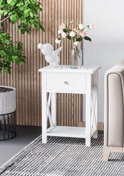 Side Table, Farmhouse End Table with Storage Drawer, Open Shelf and X-Frame, Bedside Table for Living Room, White