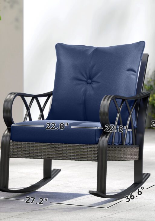 Outdoor Wicker Rocking Chair with Padded Cushions, Aluminum Furniture, Rattan Porch Rocker Chair w/ Armrest, Navy Blue