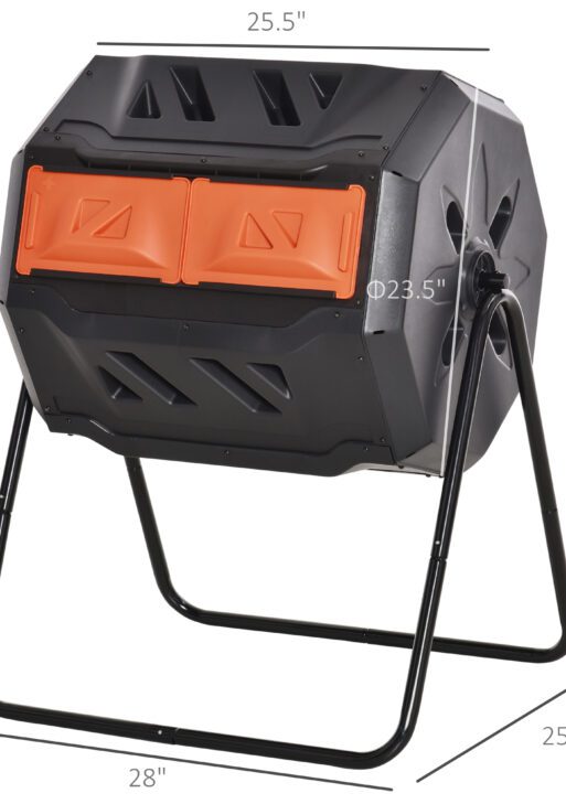 Tumbling Compost Bin Outdoor 360° Dual Chamber Rotating Composter 43 Gallon, Orange