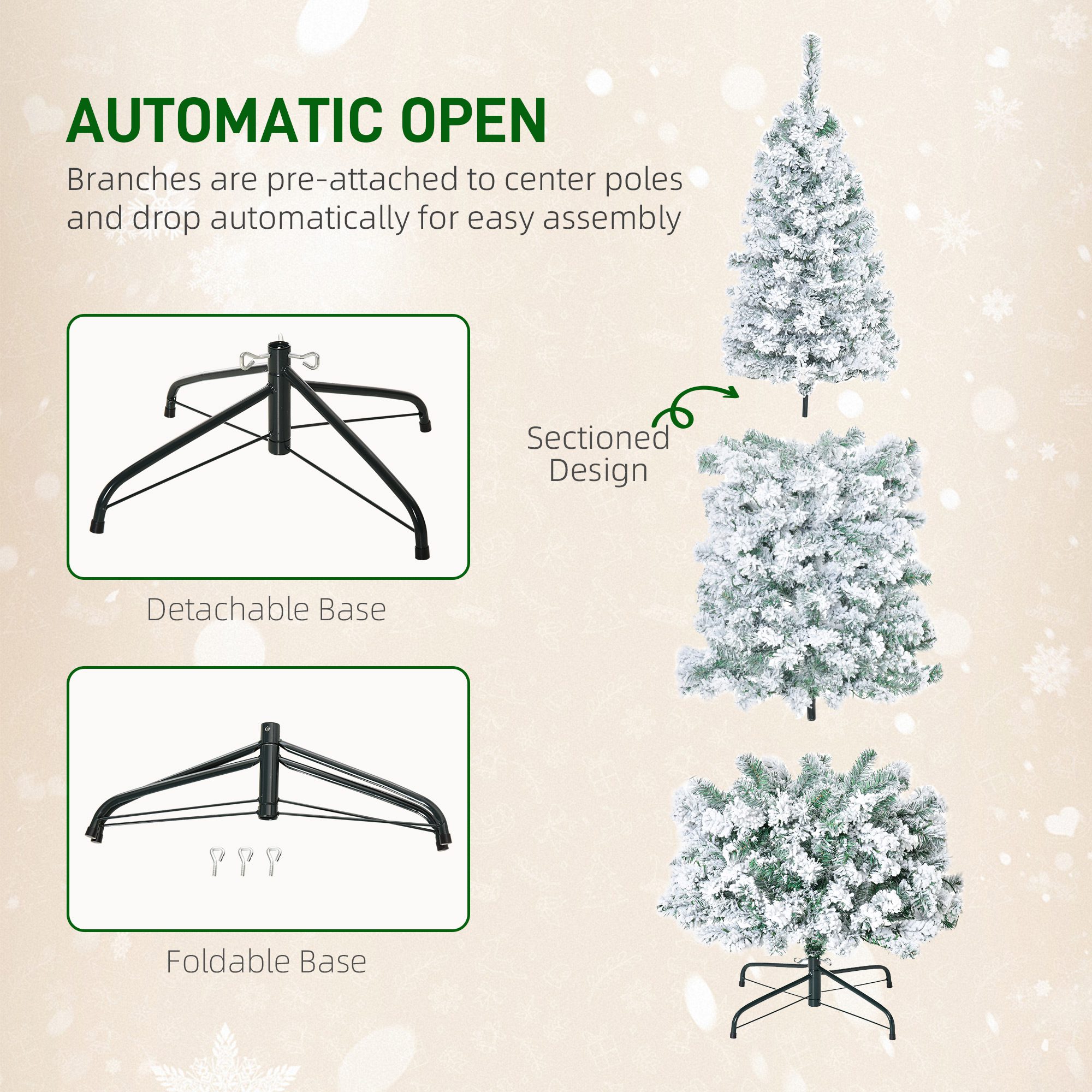 6ft Pre-Lit Snow-Flocked Slim Douglas Fir Artificial Christmas Tree with Realistic Branches, 250 LED Lights and 462 Tips - Image 3