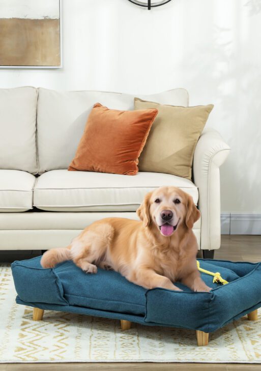 Raised Dog Couch with Comfortable Cushion, Pine Wood Legs, Foot Pads for Large-Sized Dogs Indoor Use, Dark Blue