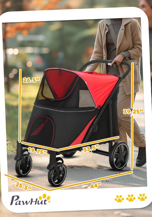 Dog Stroller for Large Medium Small Dogs up to 66 Lbs. 23.5" in Body Length, One-Click Foldable Pet Cat Stroller with Storage, Shock Absorption Wheels, Mesh Window, Safety Leash, Red