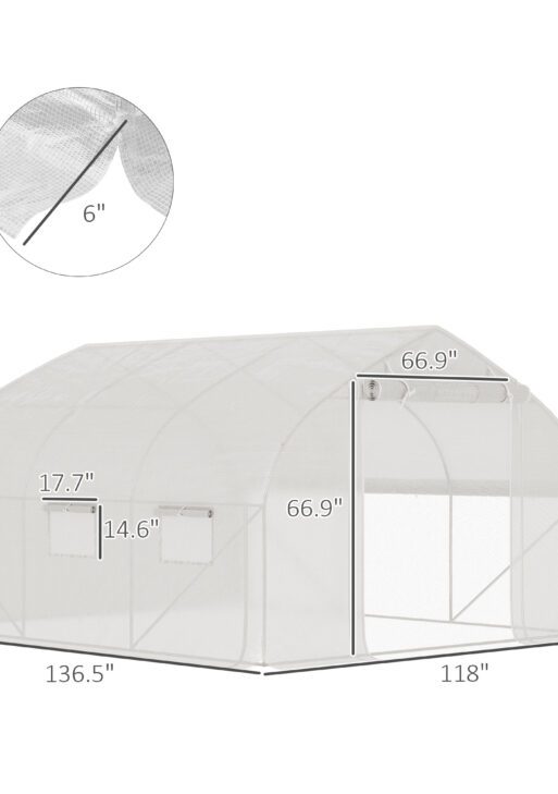 11.5' x 10' x 6.5' Walk-in Tunnel Greenhouse, Green House with Zippered Mesh Door, 7 Mesh Windows & Roll-up Sidewalls, Upgraded Gardening Plant Hot House with Galvanized Steel Hoops, White