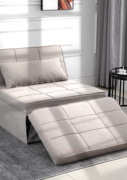 4-In-1 Design Convertible Sofa Tea Table Lounge Chair Single Bed with 5-Level Adjustable Backrest, Footstool and Metal Frame for Living Room Bedroom, Light Brown