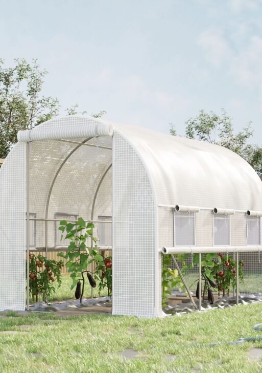 9.7' x 6.5' x 6.5' Walk-in Tunnel Greenhouse, Outdoor Green House with Anti-Tear PE Cover, Zipper Doors and Mesh Windows, White