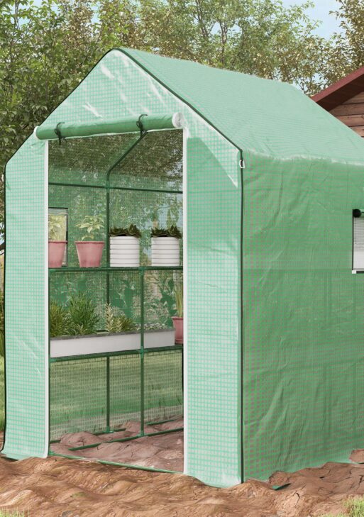 4.6' x 4.7' Portable Greenhouse, Water/UV Resistant Walk-In Small Outdoor Green House with 2 Tier U-Shaped Flower Rack Shelves, Roll Up Door & Windows, Green