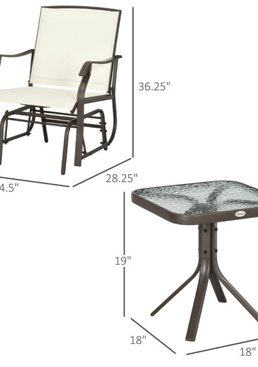 3 Piece Outdoor Glider Chair with Coffee Table Bistro Set, 2 Patio Rocking Swing Chairs with Breathable Sling Fabric, Glass Tabletop, for Backyard, Garden and Porch, Cream White