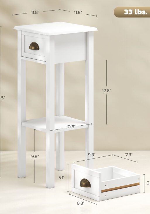 2-Tier Side Table with Drawer and Shelf, End Table for Living Room and Hallway, White