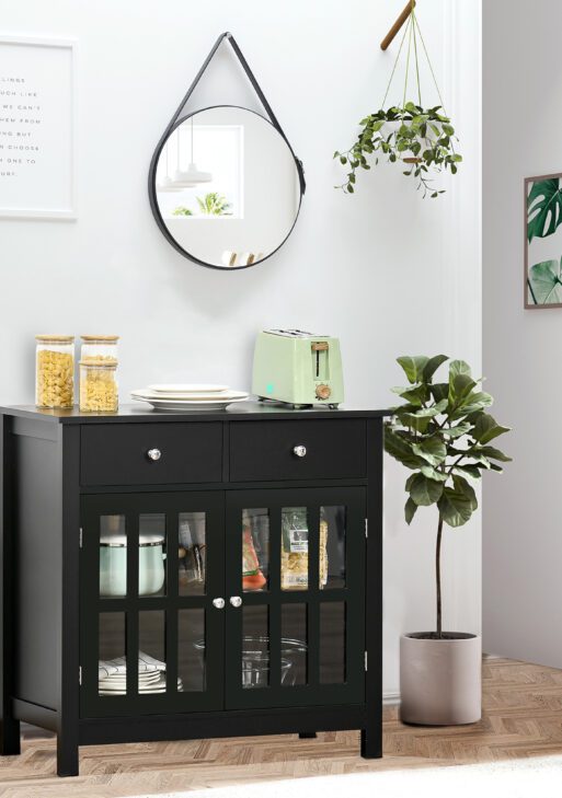Sideboard Buffet Cabinet, Storage Cupboard with Glass Doors, Adjustable Shelf and 2 Drawers for Kitchen, Black