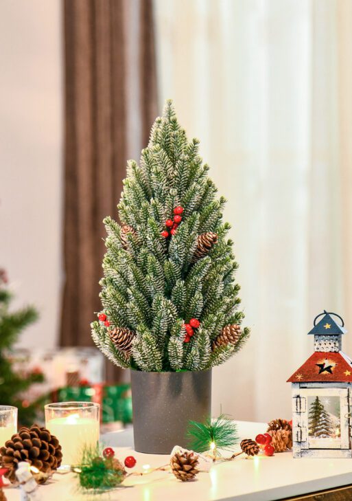 18" Tall Unlit Miniature Snow-Flocked Tabletop Artificial Christmas Tree, Holiday Decoration with Pine Cones and Berries