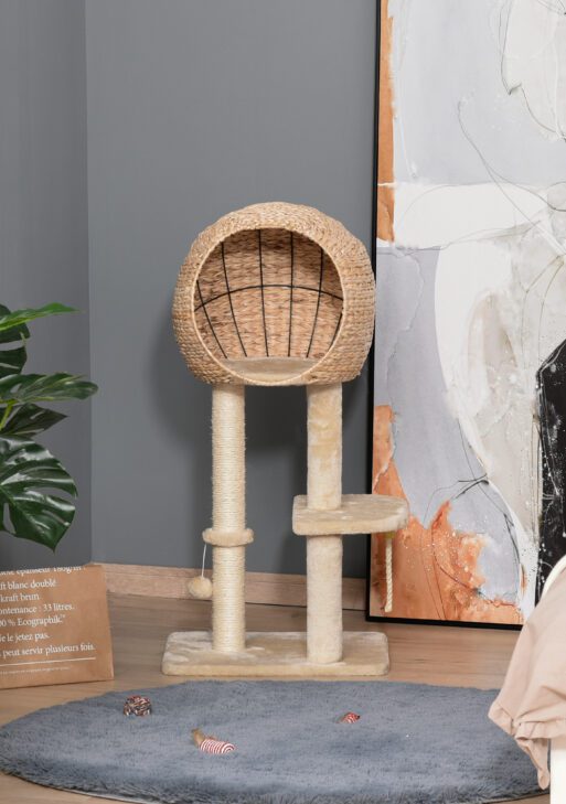 Cat Tree with Sisal Scratching Post Condo and Hanging Rope 39" H, Beige