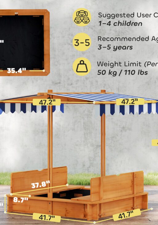 Wooden Kids Sandbox with Cover, Children Outdoor Sand Box with Foldable Bench Seats and Adjustable Canopy, Brown