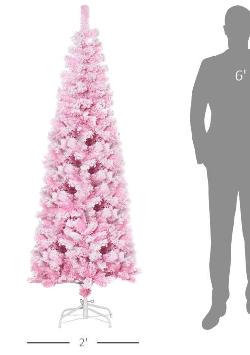 6ft Tall Unlit Snow Flocked Artificial Christmas Tree Slim Pencil Xmas Tree with Pine Shape and Realistic Branches, Pink