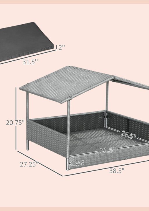 Wicker Dog House Outdoor with Canopy, Rattan Dog Bed with Water-resistant Cushion, Raised Pet Bed for Small, Medium Breeds up to 66 lbs, 20" in Length, Silver Wicker, Gray Cushion