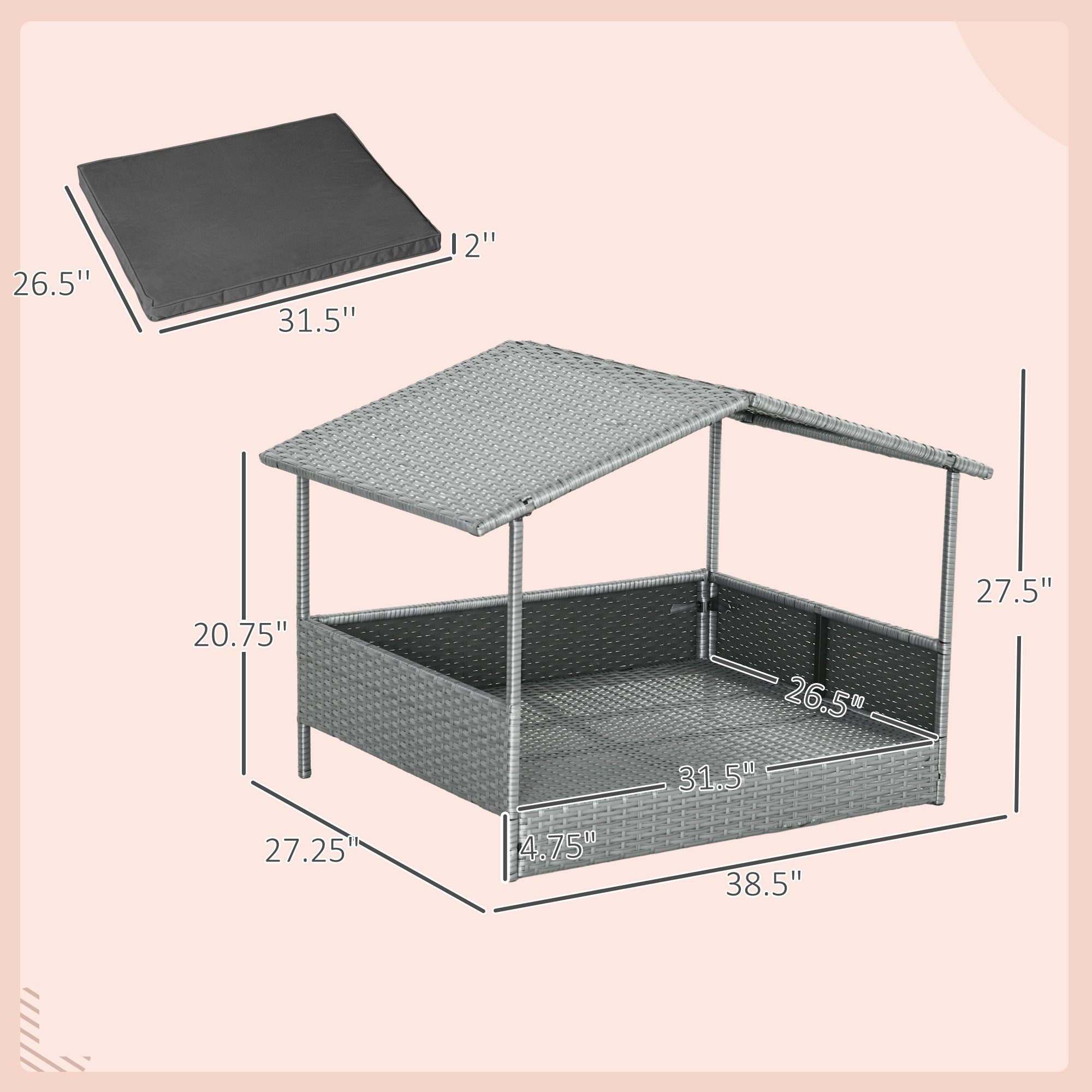 Wicker Dog House Outdoor with Canopy, Rattan Dog Bed with Water-resistant Cushion, Raised Pet Bed for Small, Medium Breeds up to 66 lbs, 20" in Length, Silver Wicker, Gray Cushion - Image 1