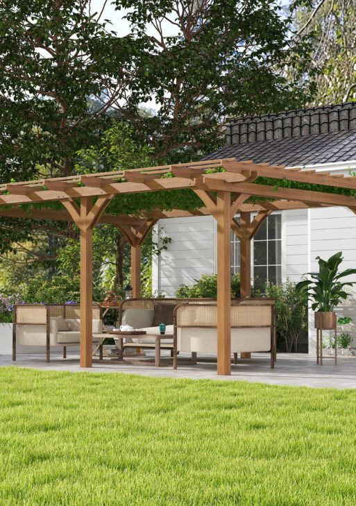 12' x 16' Outdoor Pergola Grape Trellis, Wood Gazebo for Climbing Plants at Garden, Patio, Backyard, Deck, Brown