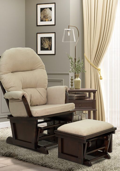 Nursery Glider Rocking Chair with Ottoman, Thick Padded Cushion Seating and Wood Base, Cream White