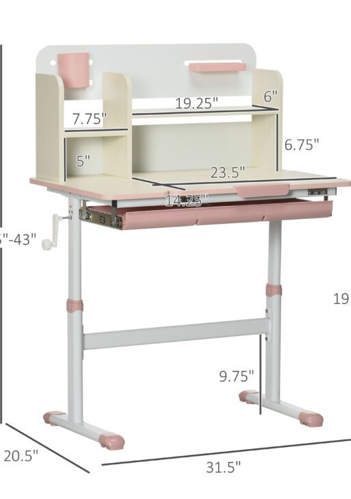 Wooden Kids Study Desk, Height Adjustable Children School Study Table, Student Writing Desk with Tilt Desktop, Drawer, Storage Shelf, Pen Holder, Pink