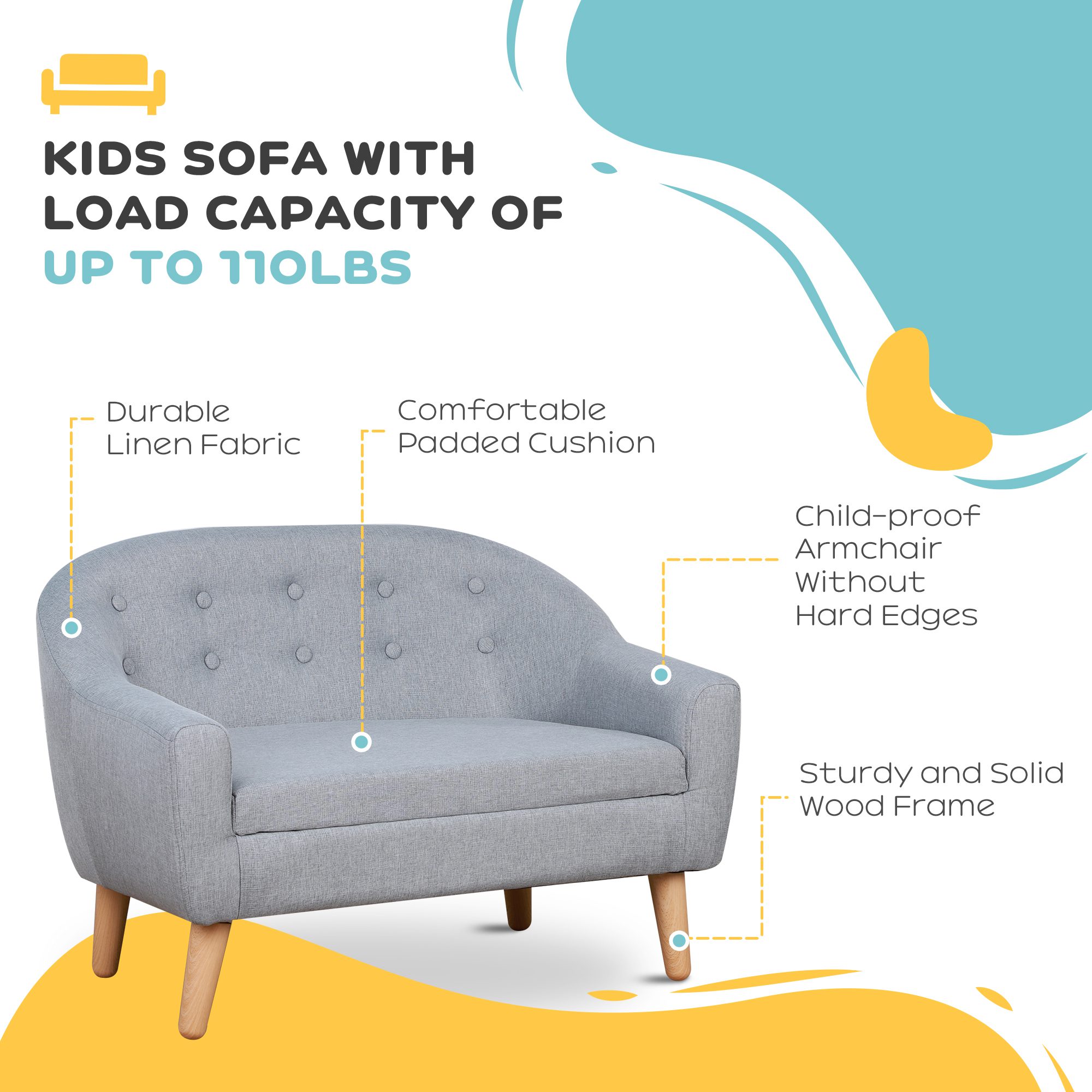 2-Seat Kids Sofa, Toddler Sofa Couch, Linen-Like Fabric & Wood Frame Sofa Chair for Ages 3-7, 11" High Seat, Gray - Image 4