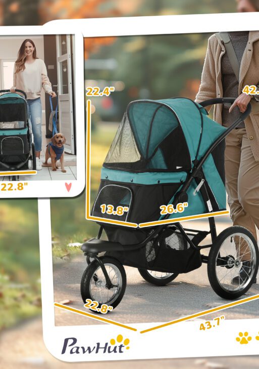 3 Wheels Pet Stroller for Small Dogs and Medium Dogs with Adjustable Canopy, Safety Tether, Storage Basket, Dark Green