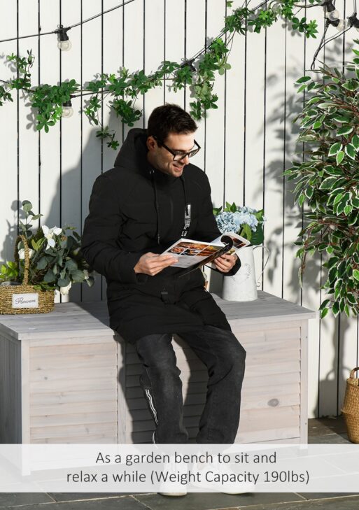 75 Gallon Wooden Deck Box, Outdoor Storage Container with Aerating Gap & Weather-Fighting Finish, Grey