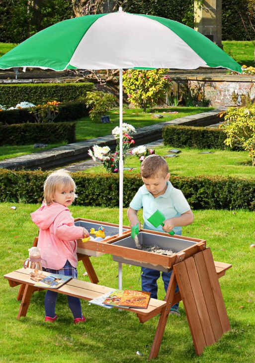 Kids 3 in 1 Sand and Water Table, Wooden Outdoor Convertible Picnic Table with Umbrella and Storage Inside, Bench Backyard Furniture for Garden, Patio, or Balcony