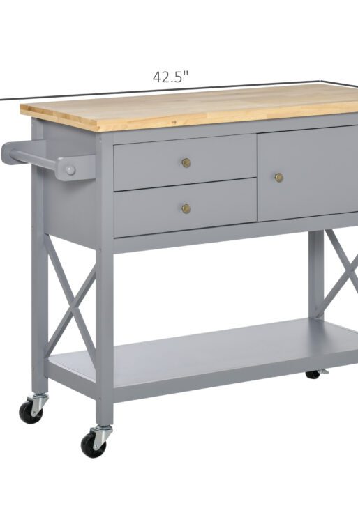 Rolling Kitchen Island Cart, Utility Trolley Cart with Rubberwood Top Storage Cabinet, 2 Drawers, Towel Rack, Grey