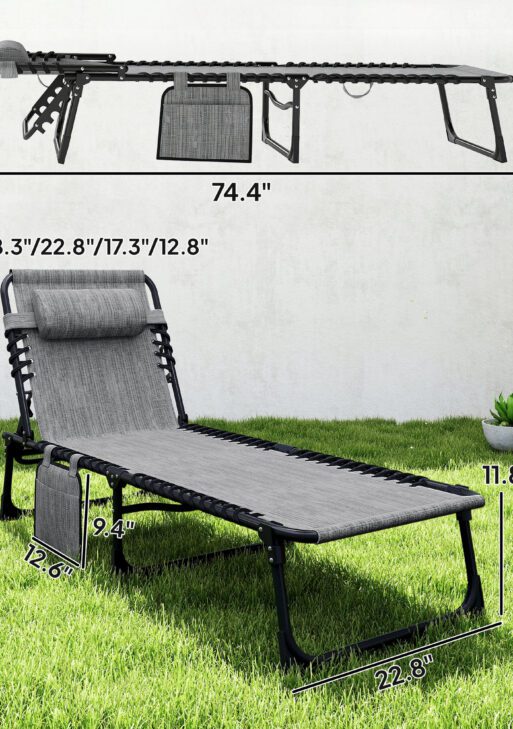 Chaise Lounge Chair Outdoor, 5-Position Adjustable Sun Tanning Chair with Carrying Handle and Side Pocket, Folding Bed Cot with Removable Pillow for Garden, Beach, Patio, Pool, Camp, Gray
