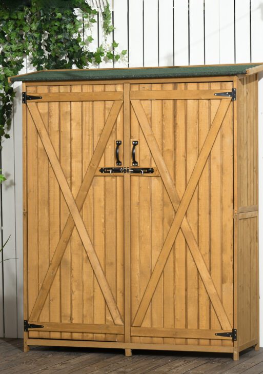 Outdoor Storage Cabinet Wooden Garden Shed Utility Tool Organizer with Waterproof Asphalt Rood, Lockable Doors, 3 Tier Shelves for Lawn, Backyard, Natural