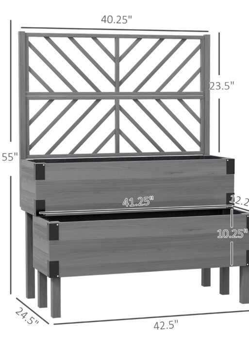2 Tier Trellis Planter, Wooden Raised Garden Bed, Gray