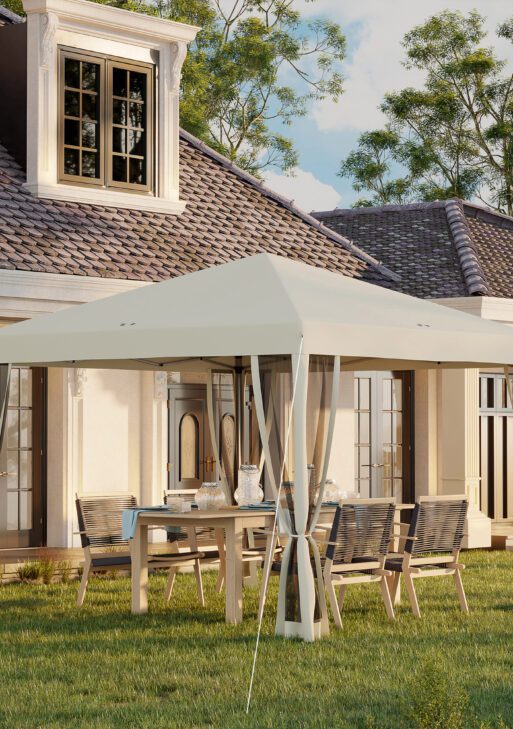 10' x 10' Pop Up Canopy Tent with Netting, Instant Gazebo, Screen House Room with Carry Bag, Height Adjustable, for Outdoor, Garden, Patio, Camping, Beige