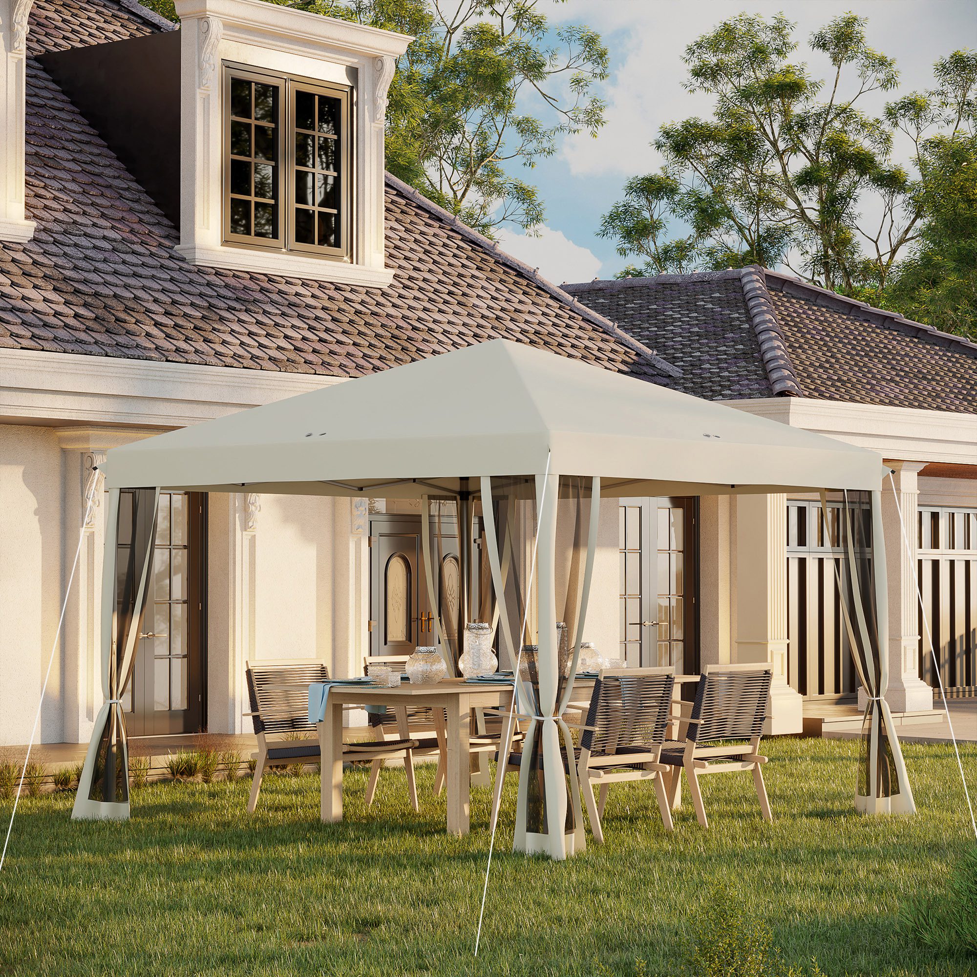 10' x 10' Pop Up Canopy Tent with Netting, Instant Gazebo, Screen House Room with Carry Bag, Height Adjustable, for Outdoor, Garden, Patio, Camping, Beige