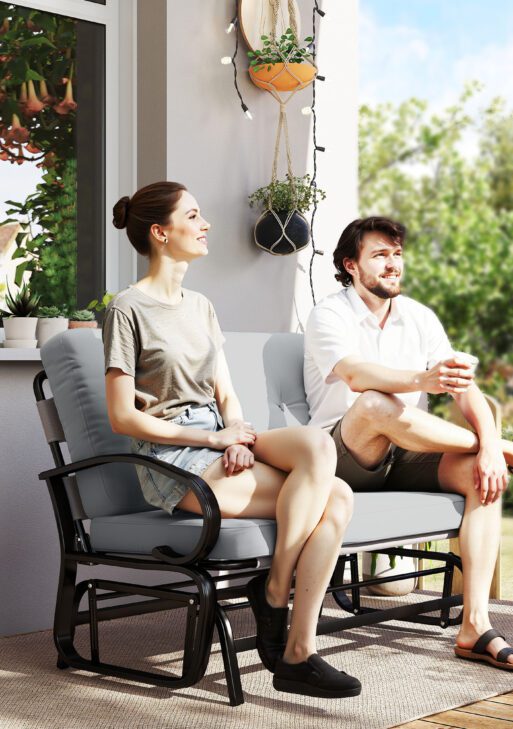 Outdoor Glider Bench, 2-Person Patio Rocker Loveseat with Tufted Cushions, Steel Frame for Porch, Garden Backyard, Gray