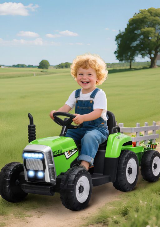 12V Ride on Tractor with Trailer, 25W Dual Motors, Battery Powered Electric Tractor with Remote Control, Music Startup Sound and Horn, LED Lights, Green