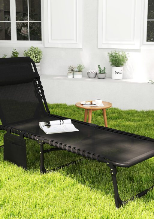 Reclining Chaise Lounge Chair, Portable Sun Lounger, Folding Camping Cot with Adjustable Backrest and Removable Pillow, for Patio, Garden, Beach, Black